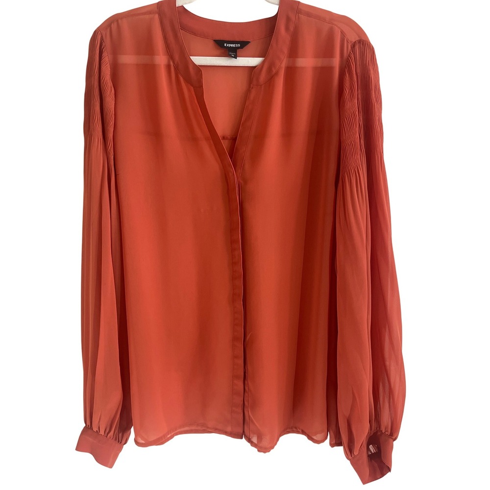 Express Blouse Women XL Orange Chiffon Sheer V Neck Pleated Balloon Sleeve